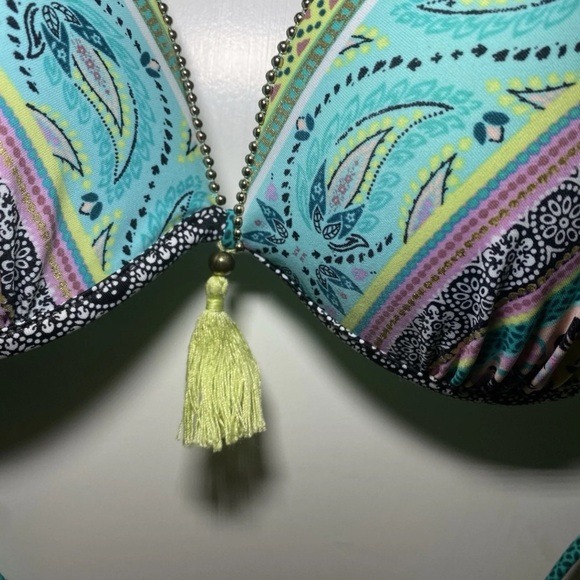Boho Shade & Shore 36C Bikini Top Tie Back Beaded Tassel Paisley Turquoise - Picture 3 of 9
